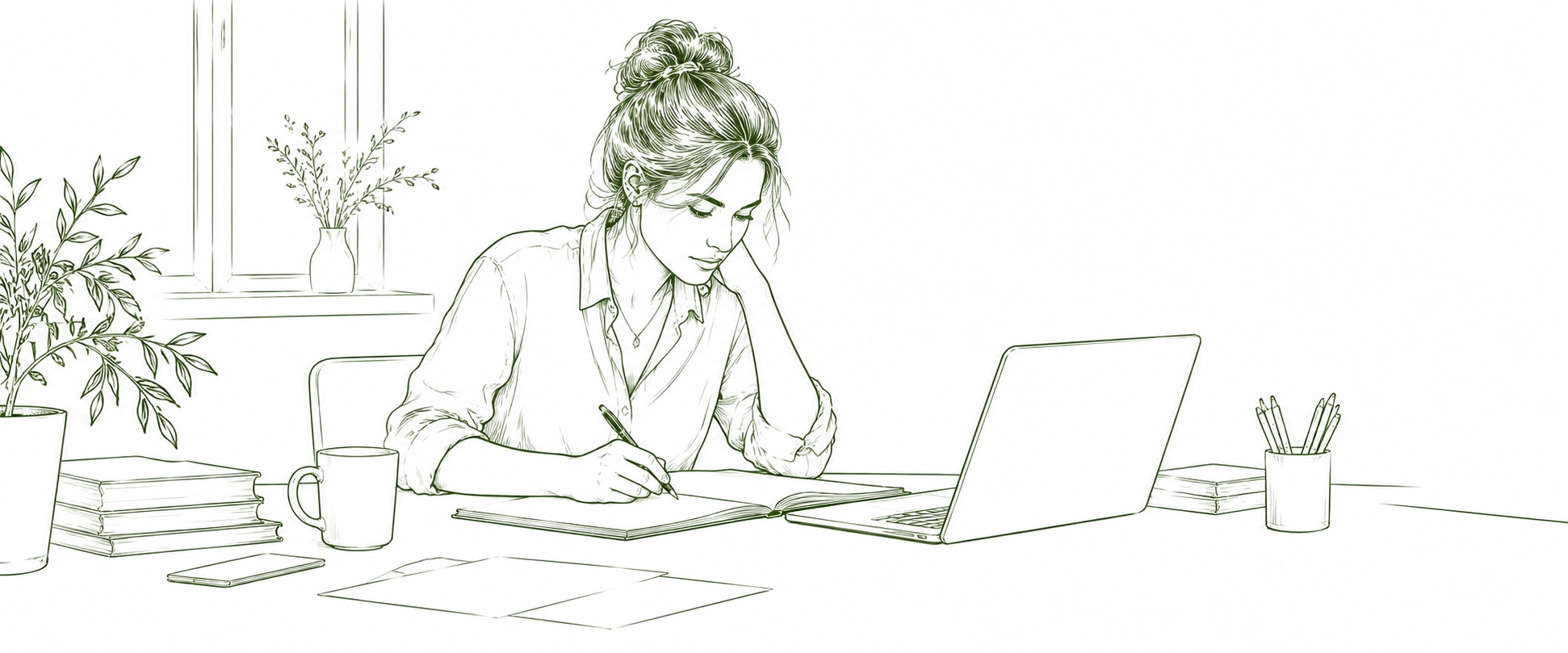 Zeichnung: Eine Frau macht am Schreibtisch Notizen neben einem Laptop
