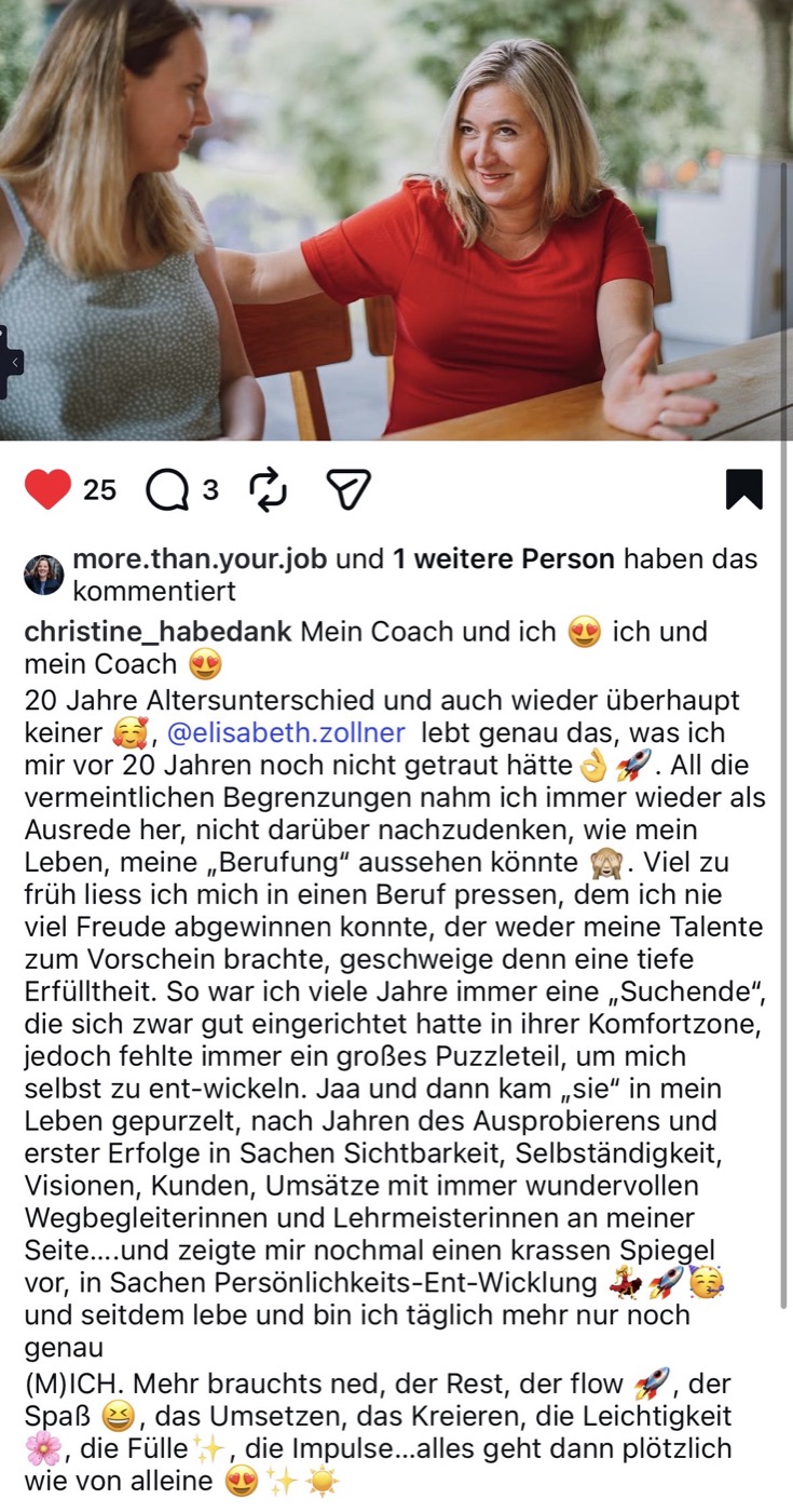 Screenshot des Instagram-Kommentars von Christine Habedank über die Zusammenarbeit mit Elisabeth Zollner