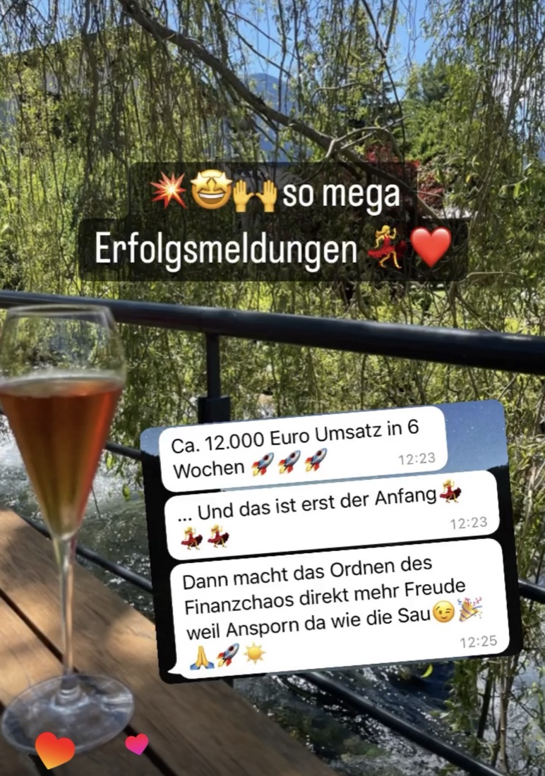 Screenshot einer Kundennachricht: ca. 12.000 Euro Umsatz in 6 Wochen, und das ist erst der Anfang